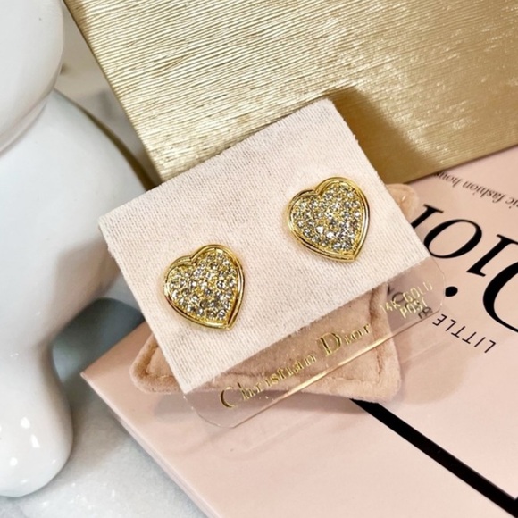 Christian Dior New Old Stock Gold Plated Heart Earrings w/ Swarovski Crystals - Picture 3 of 8